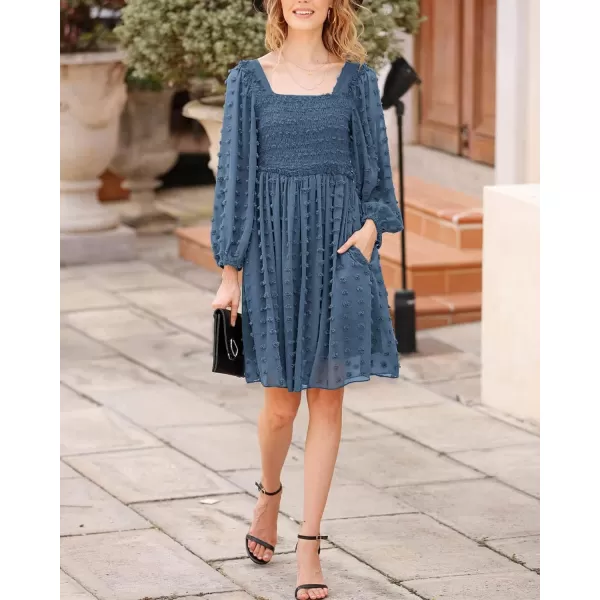 imageBTFBM Women Square Neck Smocked Summer Fall Dresses 2023 Long Sleeve Floral Swiss Dot Ruffle Party Mini Babydoll DressSwiss Dot Grey Blue