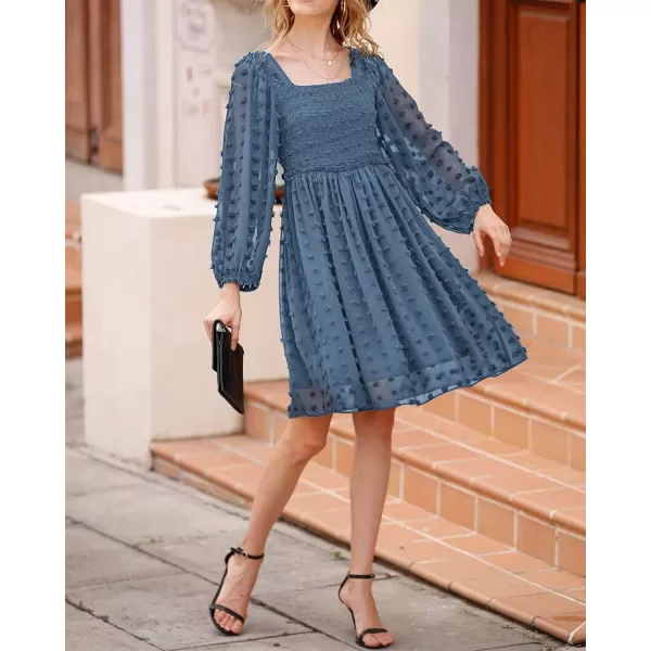 imageBTFBM Women Square Neck Smocked Summer Fall Dresses 2023 Long Sleeve Floral Swiss Dot Ruffle Party Mini Babydoll DressSwiss Dot Grey Blue