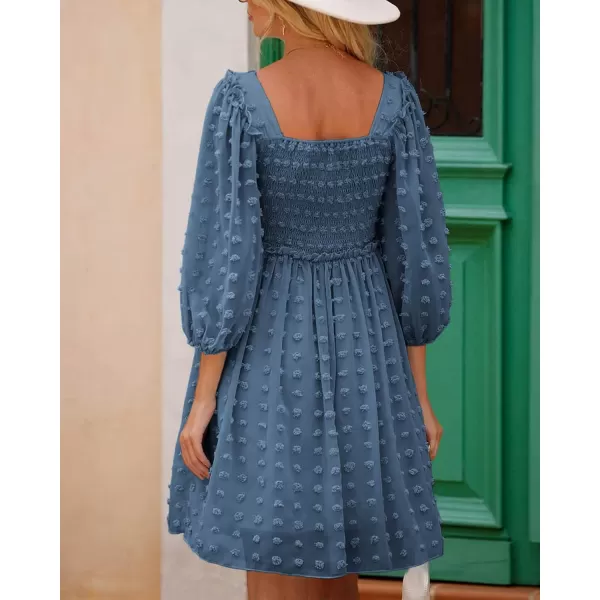 imageBTFBM Women Square Neck Smocked Summer Fall Dresses 2023 Long Sleeve Floral Swiss Dot Ruffle Party Mini Babydoll DressSwiss Dot Grey Blue