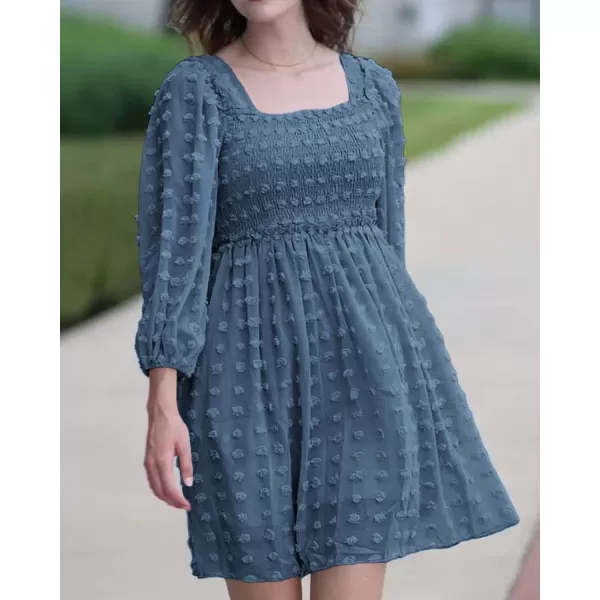 imageBTFBM Women Square Neck Smocked Summer Fall Dresses 2023 Long Sleeve Floral Swiss Dot Ruffle Party Mini Babydoll DressSwiss Dot Grey Blue