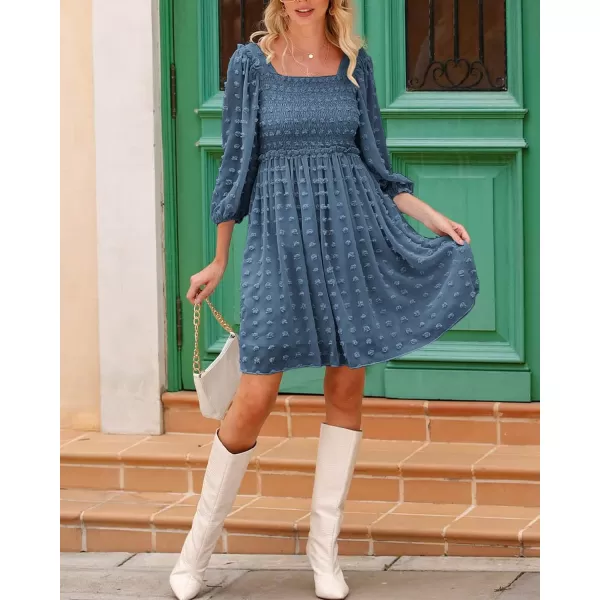 imageBTFBM Women Square Neck Smocked Summer Fall Dresses 2023 Long Sleeve Floral Swiss Dot Ruffle Party Mini Babydoll DressSwiss Dot Grey Blue
