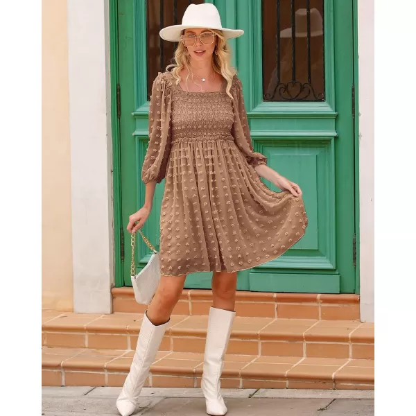 imageBTFBM Women Square Neck Smocked Summer Fall Dresses 2023 Long Sleeve Floral Swiss Dot Ruffle Party Mini Babydoll DressSwiss Dot Khaki