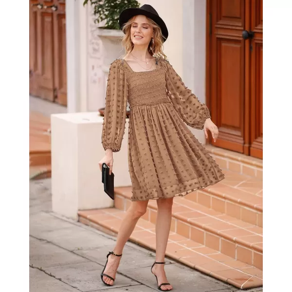 imageBTFBM Women Square Neck Smocked Summer Fall Dresses 2023 Long Sleeve Floral Swiss Dot Ruffle Party Mini Babydoll DressSwiss Dot Khaki