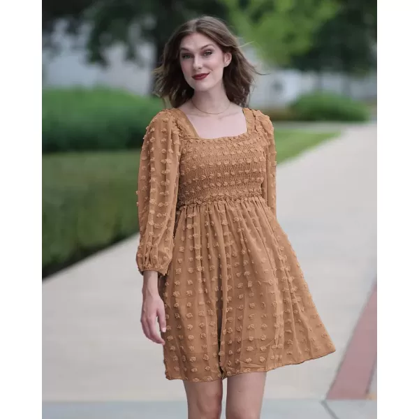 imageBTFBM Women Square Neck Smocked Summer Fall Dresses 2023 Long Sleeve Floral Swiss Dot Ruffle Party Mini Babydoll DressSwiss Dot Khaki