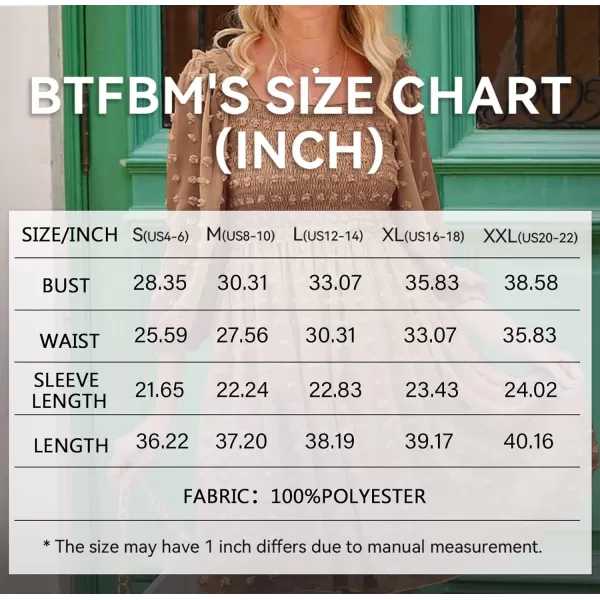 imageBTFBM Women Square Neck Smocked Summer Fall Dresses 2023 Long Sleeve Floral Swiss Dot Ruffle Party Mini Babydoll DressSwiss Dot Khaki
