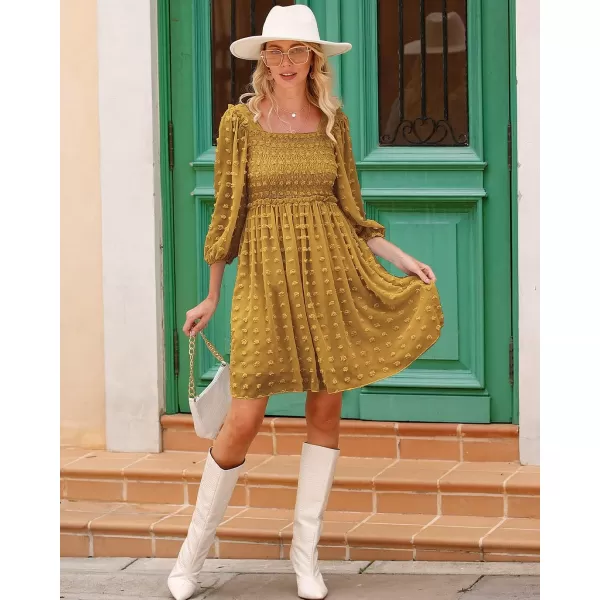 imageBTFBM Women Square Neck Smocked Summer Fall Dresses 2023 Long Sleeve Floral Swiss Dot Ruffle Party Mini Babydoll DressSwiss Dot Mustard Yellow