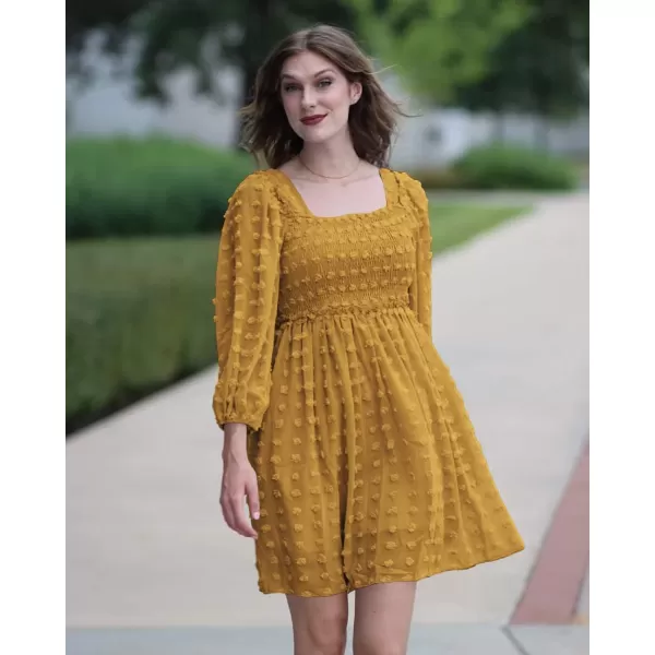 imageBTFBM Women Square Neck Smocked Summer Fall Dresses 2023 Long Sleeve Floral Swiss Dot Ruffle Party Mini Babydoll DressSwiss Dot Mustard Yellow