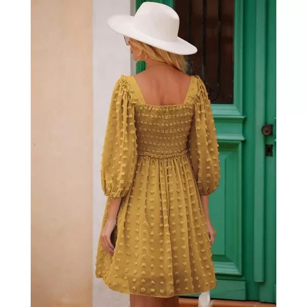 imageBTFBM Women Square Neck Smocked Summer Fall Dresses 2023 Long Sleeve Floral Swiss Dot Ruffle Party Mini Babydoll DressSwiss Dot Mustard Yellow