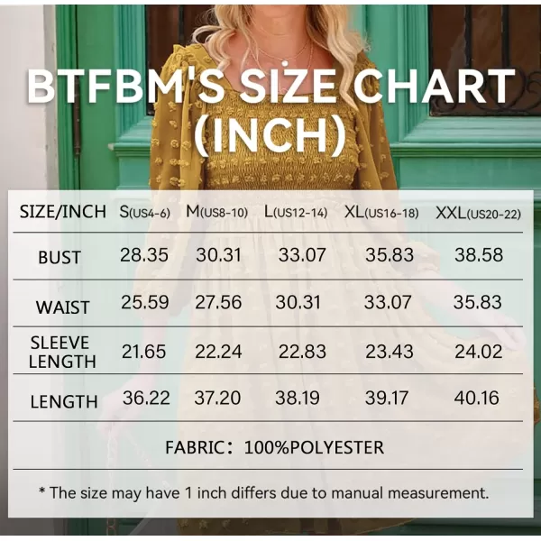 imageBTFBM Women Square Neck Smocked Summer Fall Dresses 2023 Long Sleeve Floral Swiss Dot Ruffle Party Mini Babydoll DressSwiss Dot Mustard Yellow