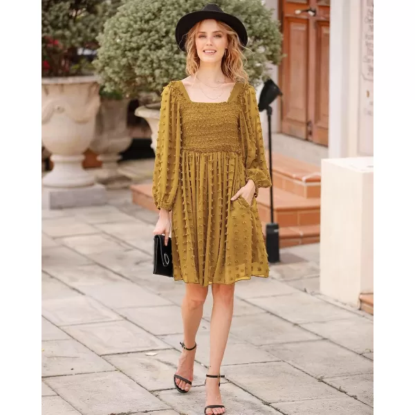 imageBTFBM Women Square Neck Smocked Summer Fall Dresses 2023 Long Sleeve Floral Swiss Dot Ruffle Party Mini Babydoll DressSwiss Dot Mustard Yellow