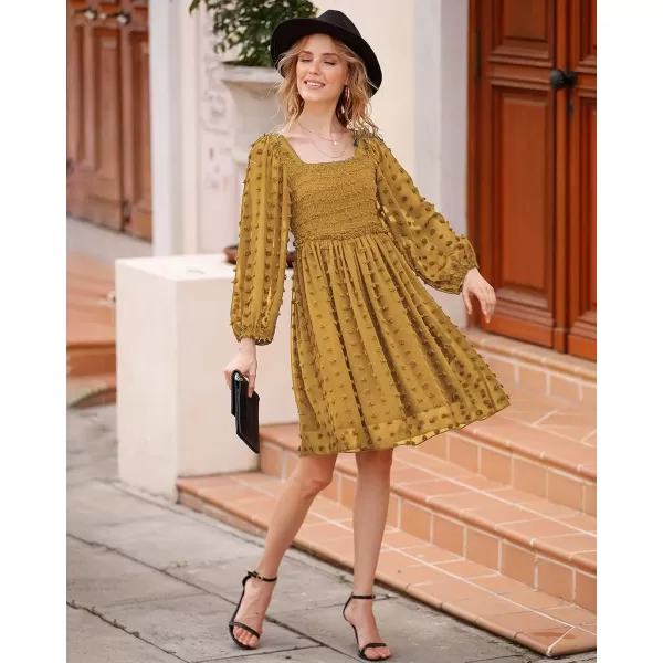 imageBTFBM Women Square Neck Smocked Summer Fall Dresses 2023 Long Sleeve Floral Swiss Dot Ruffle Party Mini Babydoll DressSwiss Dot Mustard Yellow