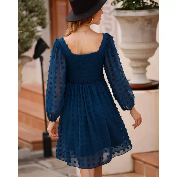 imageBTFBM Women Square Neck Smocked Summer Fall Dresses 2023 Long Sleeve Floral Swiss Dot Ruffle Party Mini Babydoll DressSwiss Dot Navy