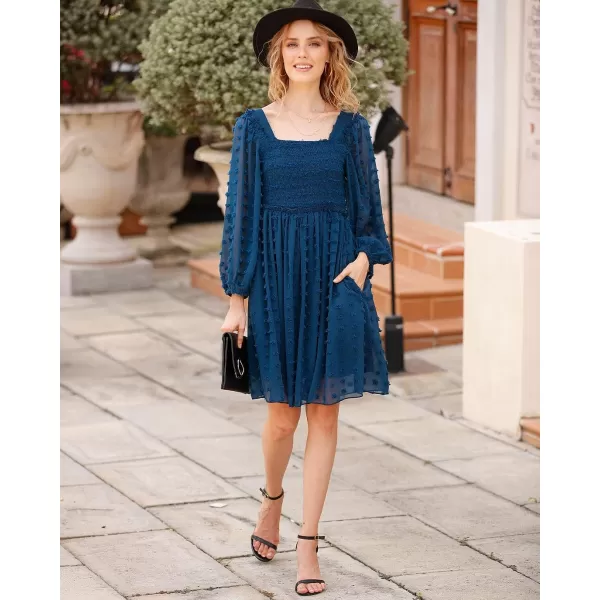 imageBTFBM Women Square Neck Smocked Summer Fall Dresses 2023 Long Sleeve Floral Swiss Dot Ruffle Party Mini Babydoll DressSwiss Dot Navy
