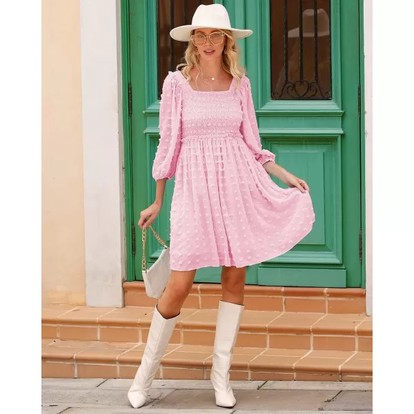 imageBTFBM Women Square Neck Smocked Summer Fall Dresses 2023 Long Sleeve Floral Swiss Dot Ruffle Party Mini Babydoll DressSwiss Dot Pink