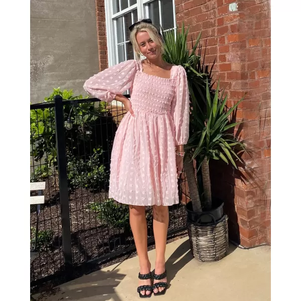 imageBTFBM Women Square Neck Smocked Summer Fall Dresses 2023 Long Sleeve Floral Swiss Dot Ruffle Party Mini Babydoll DressSwiss Dot Pink