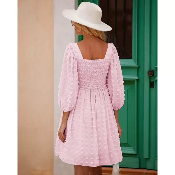 imageBTFBM Women Square Neck Smocked Summer Fall Dresses 2023 Long Sleeve Floral Swiss Dot Ruffle Party Mini Babydoll DressSwiss Dot Pink