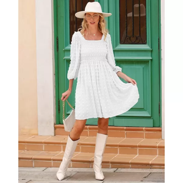 imageBTFBM Women Square Neck Smocked Summer Fall Dresses 2023 Long Sleeve Floral Swiss Dot Ruffle Party Mini Babydoll DressSwiss Dot White