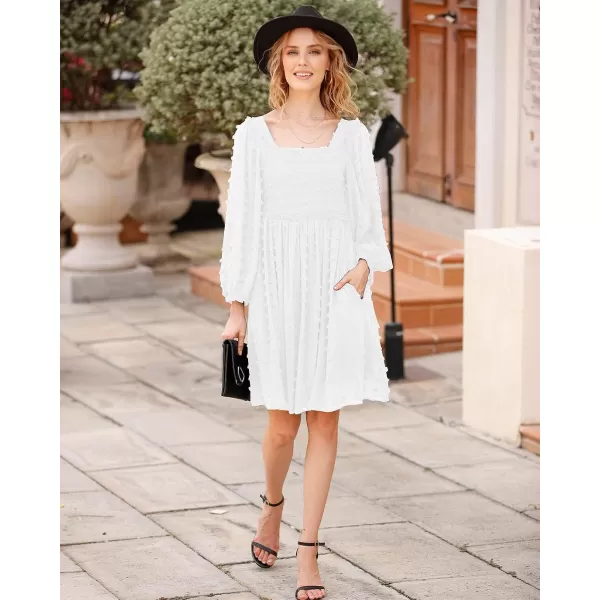 imageBTFBM Women Square Neck Smocked Summer Fall Dresses 2023 Long Sleeve Floral Swiss Dot Ruffle Party Mini Babydoll DressSwiss Dot White