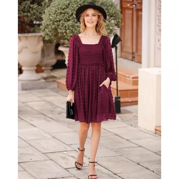 imageBTFBM Women Square Neck Smocked Summer Fall Dresses 2023 Long Sleeve Floral Swiss Dot Ruffle Party Mini Babydoll DressSwiss Dot Wine Red