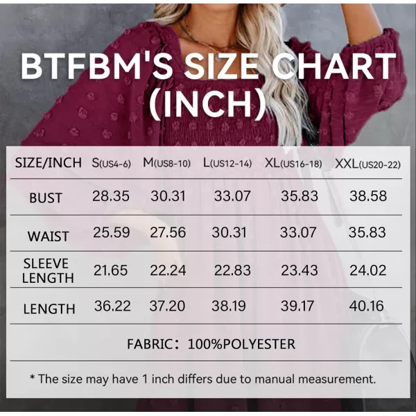 imageBTFBM Women Square Neck Smocked Summer Fall Dresses 2023 Long Sleeve Floral Swiss Dot Ruffle Party Mini Babydoll DressSwiss Dot Wine Red