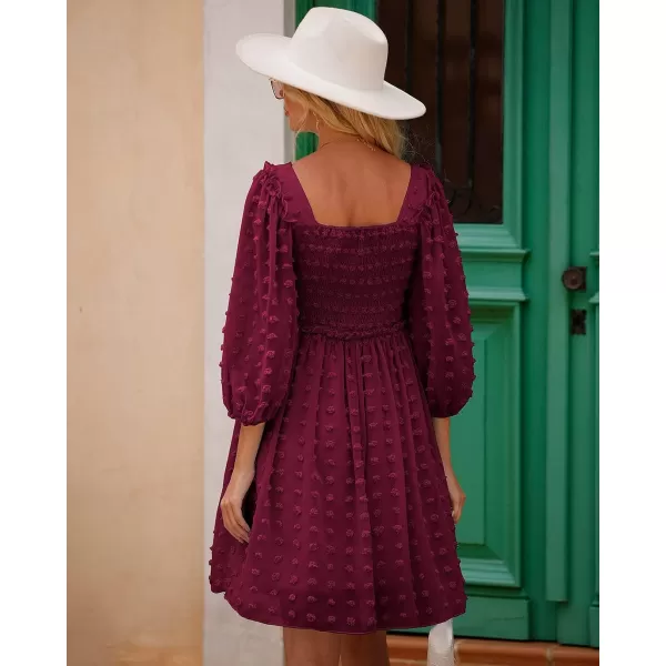 imageBTFBM Women Square Neck Smocked Summer Fall Dresses 2023 Long Sleeve Floral Swiss Dot Ruffle Party Mini Babydoll DressSwiss Dot Wine Red