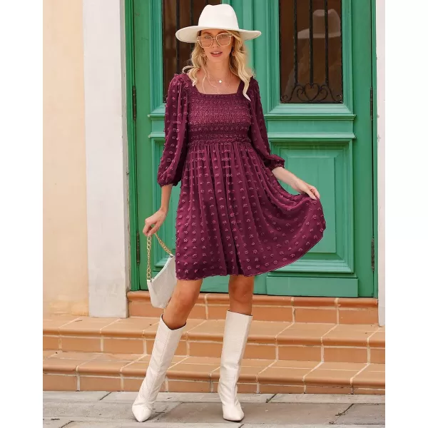 imageBTFBM Women Square Neck Smocked Summer Fall Dresses 2023 Long Sleeve Floral Swiss Dot Ruffle Party Mini Babydoll DressSwiss Dot Wine Red