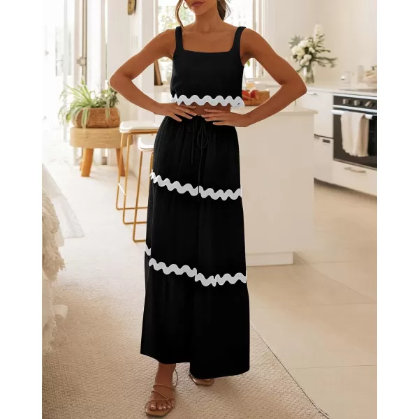 imageBTFBM Women Summer 2 Piece Beach Vacation Outfits Casual Sleeveless Crop Tops High Waisted Maxi Skirt Sets With PocketBlack
