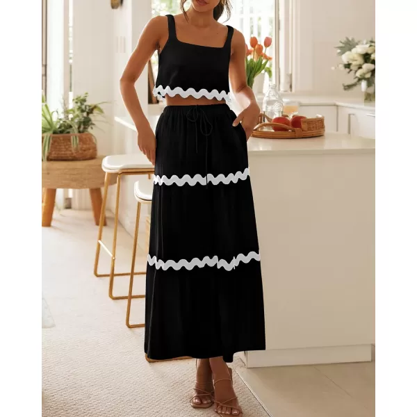imageBTFBM Women Summer 2 Piece Beach Vacation Outfits Casual Sleeveless Crop Tops High Waisted Maxi Skirt Sets With PocketBlack