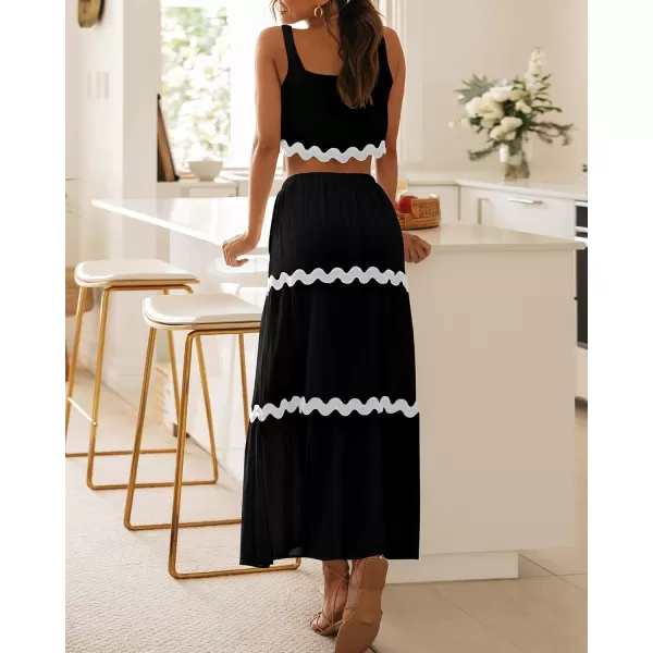 imageBTFBM Women Summer 2 Piece Beach Vacation Outfits Casual Sleeveless Crop Tops High Waisted Maxi Skirt Sets With PocketBlack