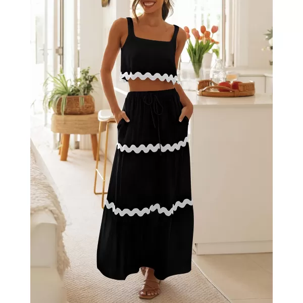 imageBTFBM Women Summer 2 Piece Beach Vacation Outfits Casual Sleeveless Crop Tops High Waisted Maxi Skirt Sets With PocketBlack