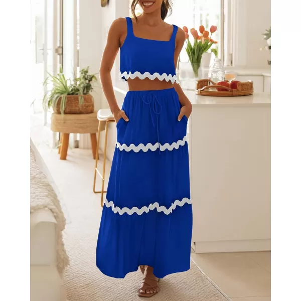 imageBTFBM Women Summer 2 Piece Beach Vacation Outfits Casual Sleeveless Crop Tops High Waisted Maxi Skirt Sets With PocketBlue
