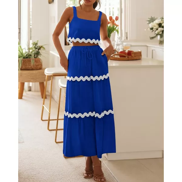 imageBTFBM Women Summer 2 Piece Beach Vacation Outfits Casual Sleeveless Crop Tops High Waisted Maxi Skirt Sets With PocketBlue