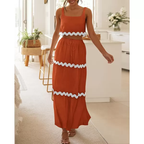 imageBTFBM Women Summer 2 Piece Beach Vacation Outfits Casual Sleeveless Crop Tops High Waisted Maxi Skirt Sets With PocketBrick Red