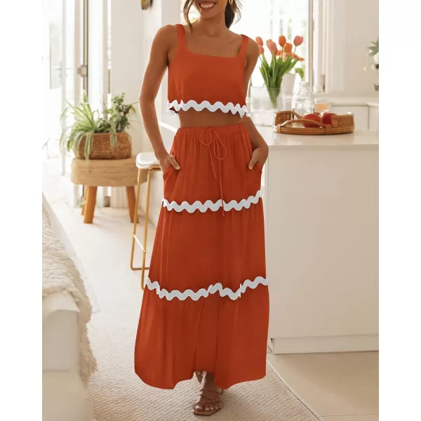 imageBTFBM Women Summer 2 Piece Beach Vacation Outfits Casual Sleeveless Crop Tops High Waisted Maxi Skirt Sets With PocketBrick Red