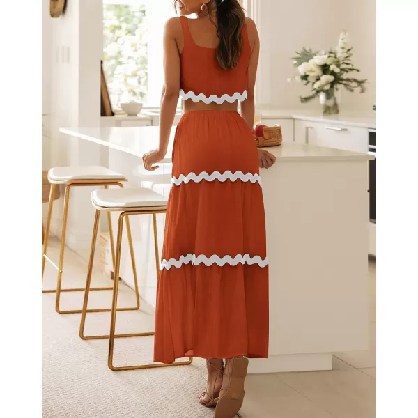 imageBTFBM Women Summer 2 Piece Beach Vacation Outfits Casual Sleeveless Crop Tops High Waisted Maxi Skirt Sets With PocketBrick Red