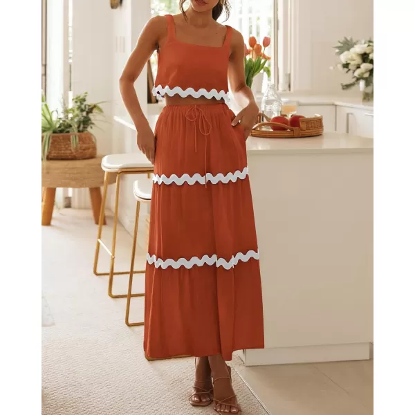 imageBTFBM Women Summer 2 Piece Beach Vacation Outfits Casual Sleeveless Crop Tops High Waisted Maxi Skirt Sets With PocketBrick Red