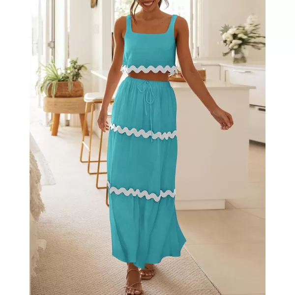 imageBTFBM Women Summer 2 Piece Beach Vacation Outfits Casual Sleeveless Crop Tops High Waisted Maxi Skirt Sets With PocketLake Blue