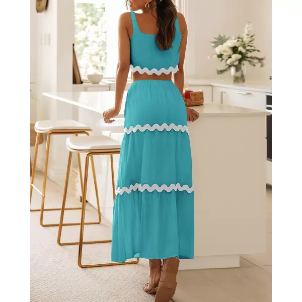 imageBTFBM Women Summer 2 Piece Beach Vacation Outfits Casual Sleeveless Crop Tops High Waisted Maxi Skirt Sets With PocketLake Blue