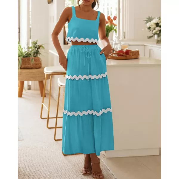 imageBTFBM Women Summer 2 Piece Beach Vacation Outfits Casual Sleeveless Crop Tops High Waisted Maxi Skirt Sets With PocketLake Blue