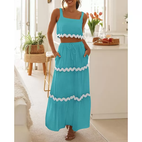 imageBTFBM Women Summer 2 Piece Beach Vacation Outfits Casual Sleeveless Crop Tops High Waisted Maxi Skirt Sets With PocketLake Blue