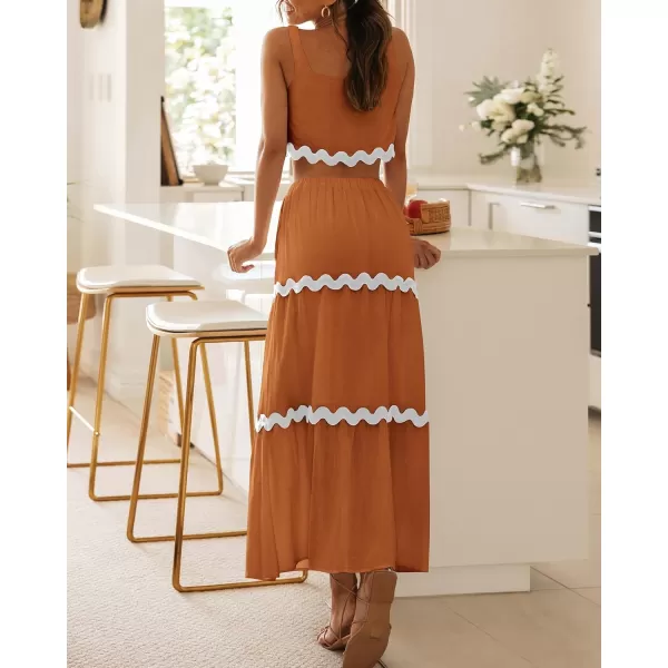 imageBTFBM Women Summer 2 Piece Beach Vacation Outfits Casual Sleeveless Crop Tops High Waisted Maxi Skirt Sets With PocketLight Brown