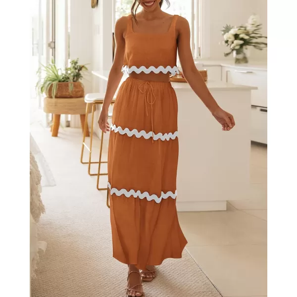 imageBTFBM Women Summer 2 Piece Beach Vacation Outfits Casual Sleeveless Crop Tops High Waisted Maxi Skirt Sets With PocketLight Brown