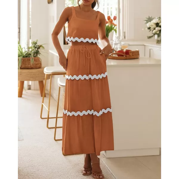 imageBTFBM Women Summer 2 Piece Beach Vacation Outfits Casual Sleeveless Crop Tops High Waisted Maxi Skirt Sets With PocketLight Brown