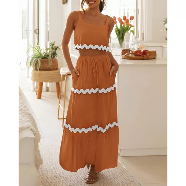 imageBTFBM Women Summer 2 Piece Beach Vacation Outfits Casual Sleeveless Crop Tops High Waisted Maxi Skirt Sets With PocketLight Brown