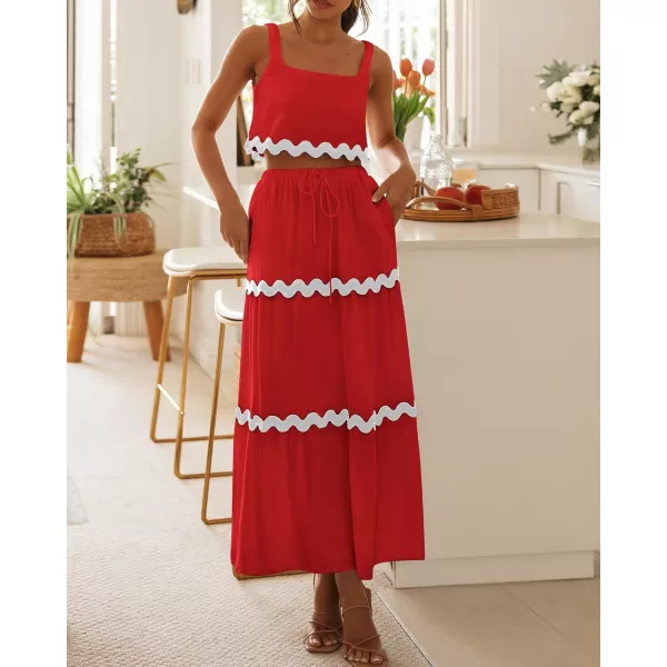 imageBTFBM Women Summer 2 Piece Beach Vacation Outfits Casual Sleeveless Crop Tops High Waisted Maxi Skirt Sets With PocketRed