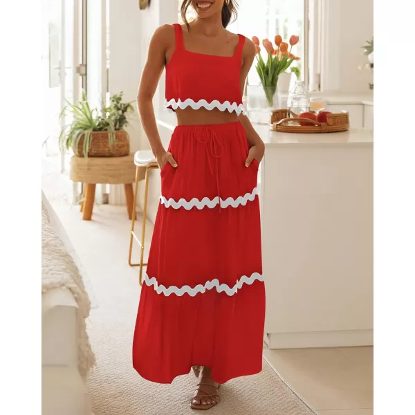 imageBTFBM Women Summer 2 Piece Beach Vacation Outfits Casual Sleeveless Crop Tops High Waisted Maxi Skirt Sets With PocketRed