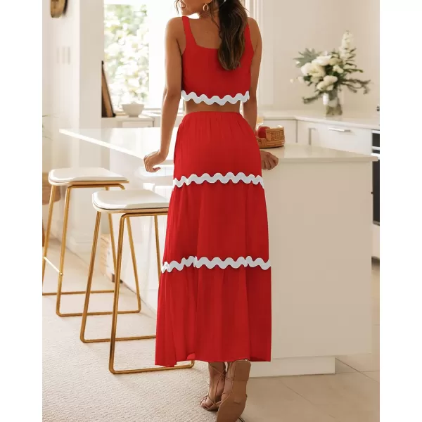 imageBTFBM Women Summer 2 Piece Beach Vacation Outfits Casual Sleeveless Crop Tops High Waisted Maxi Skirt Sets With PocketRed