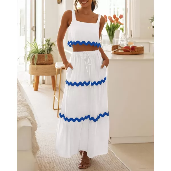 imageBTFBM Women Summer 2 Piece Beach Vacation Outfits Casual Sleeveless Crop Tops High Waisted Maxi Skirt Sets With PocketWhite Striped Blue