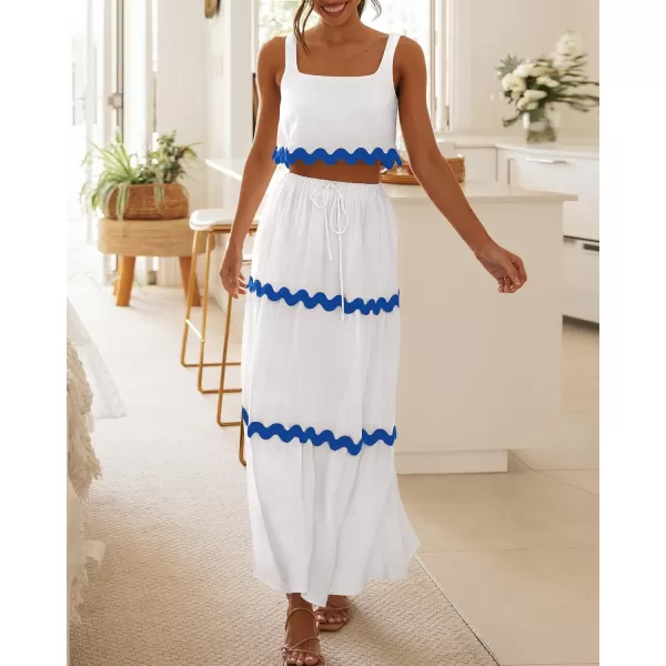 imageBTFBM Women Summer 2 Piece Beach Vacation Outfits Casual Sleeveless Crop Tops High Waisted Maxi Skirt Sets With PocketWhite Striped Blue
