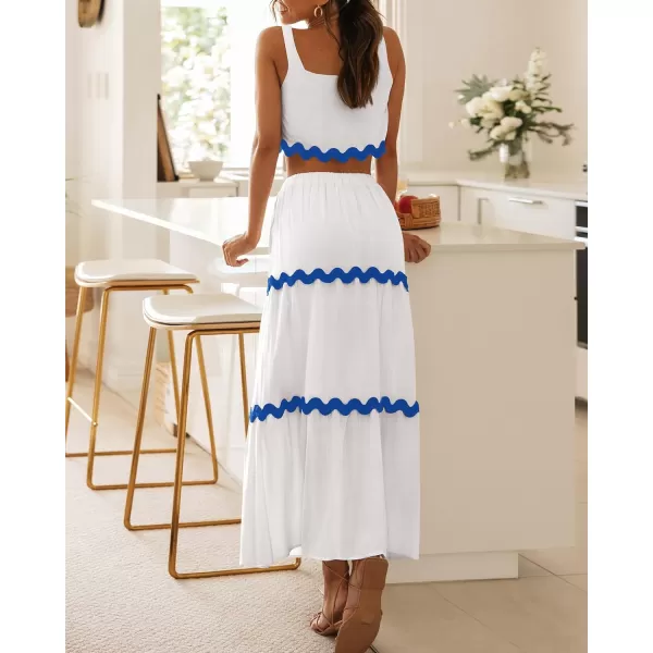 imageBTFBM Women Summer 2 Piece Beach Vacation Outfits Casual Sleeveless Crop Tops High Waisted Maxi Skirt Sets With PocketWhite Striped Blue